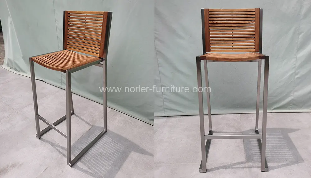 Modern Outdoor Stainless Steel Teak Frame Bar Chair