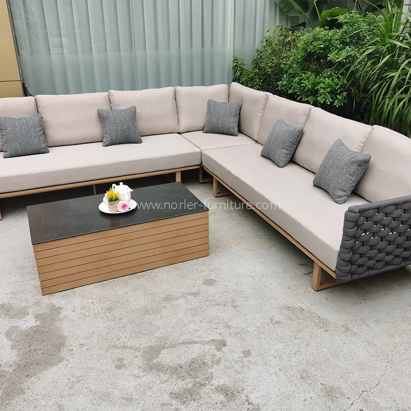 Cadre en aluminium en bois moderne en forme de L Sofa extérieur