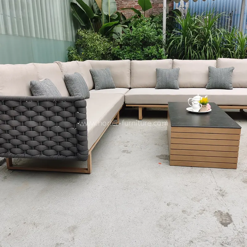 Cadre en aluminium en bois moderne en forme de L Sofa extérieur